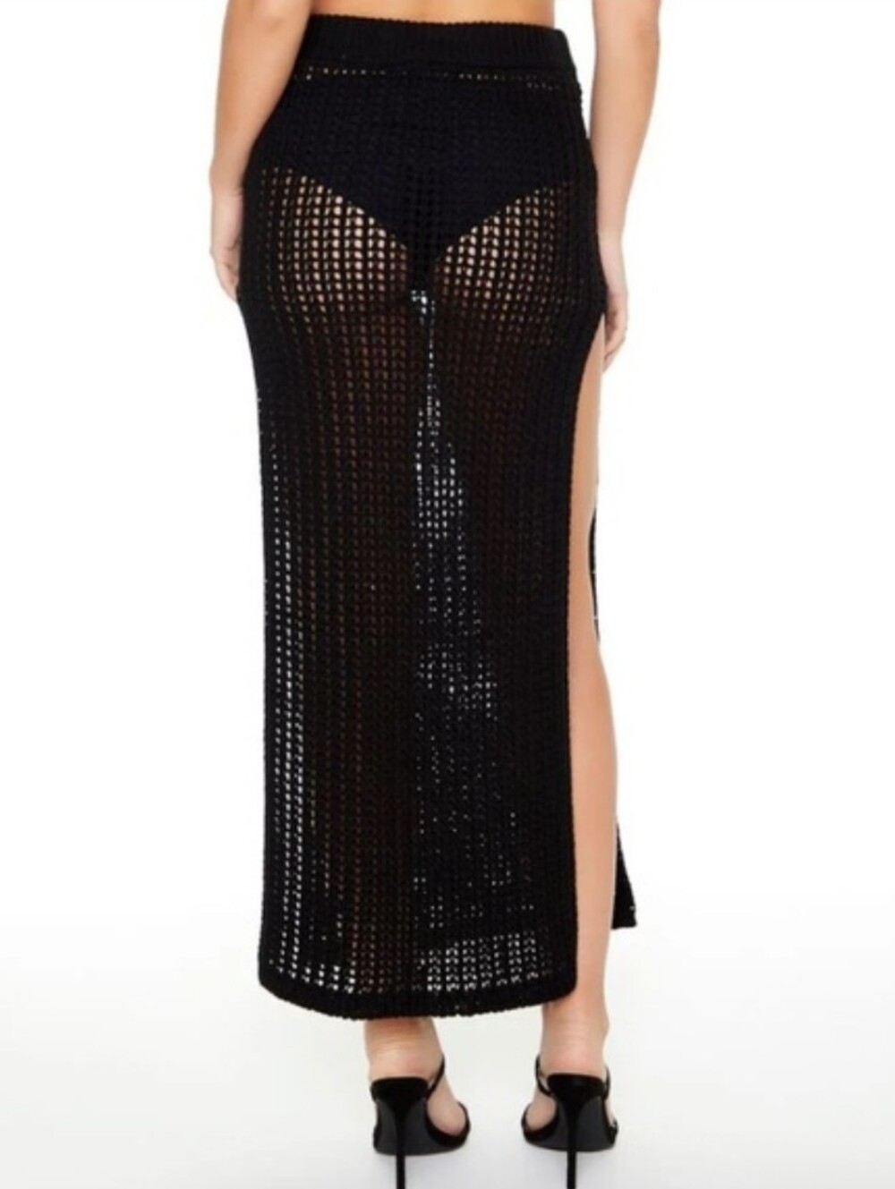 🚨NEW FOREVER 21 Black Crochet Cut Out Maxi Skirt Swim Cover Festival Beach Sz S - Picture 8 of 11